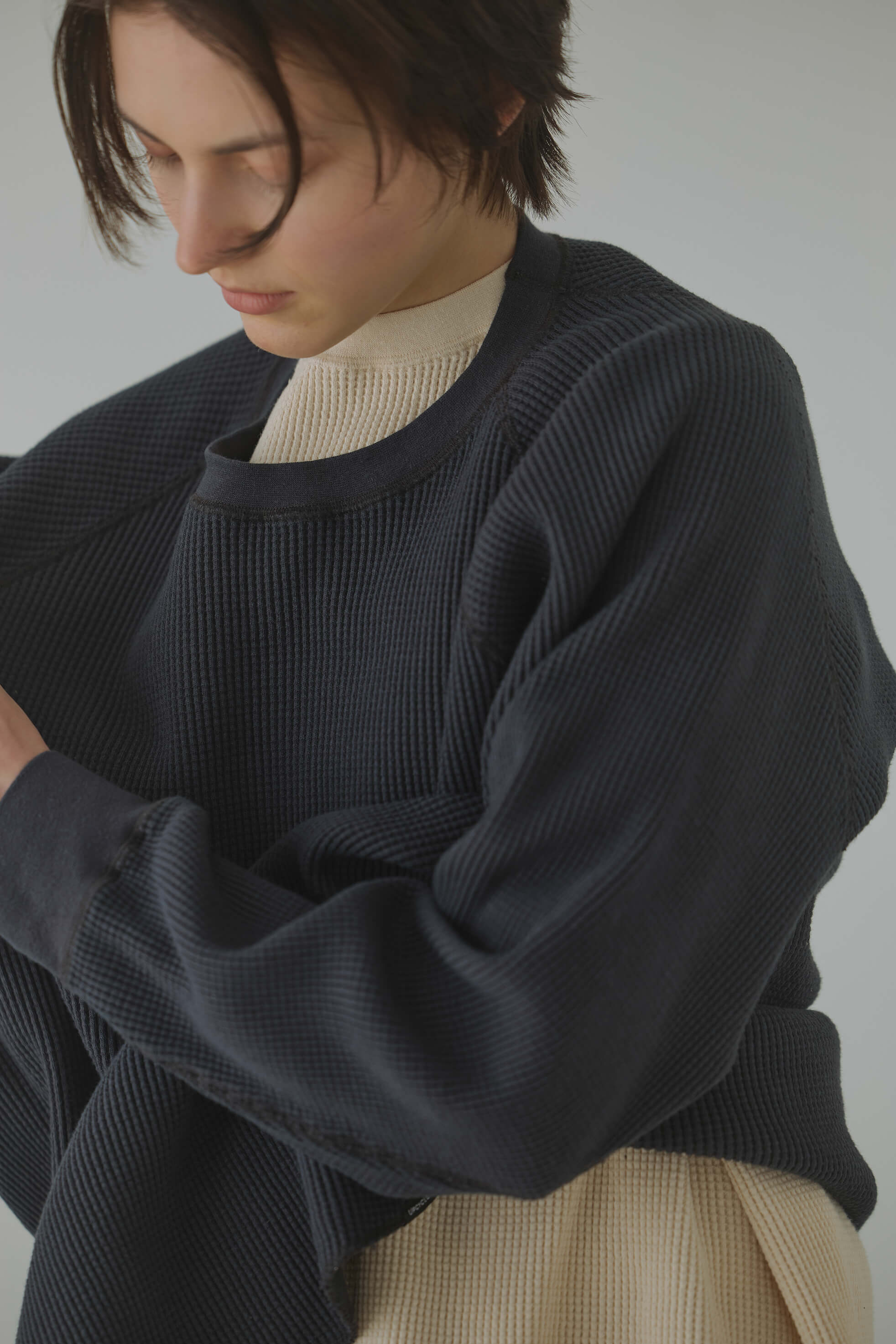 ワッフル生成り色の着用イメージ