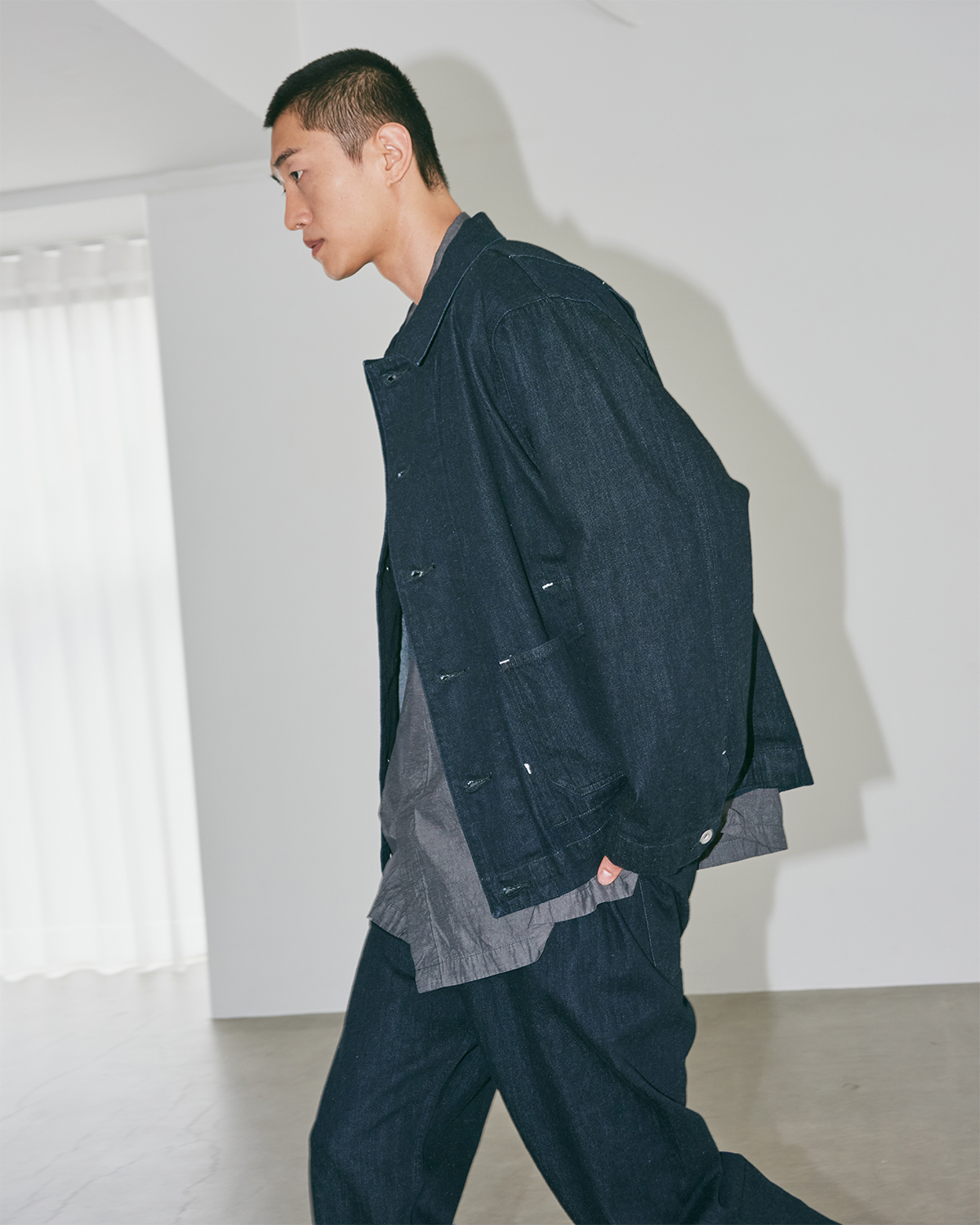 [UpcycleLino] × SKEWed DENIM Back Tuck Jacket on model